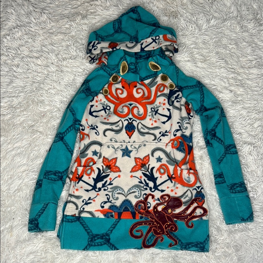 Teal and White Mountain Mama Originals fleece Octopus tunic length Hoodie
